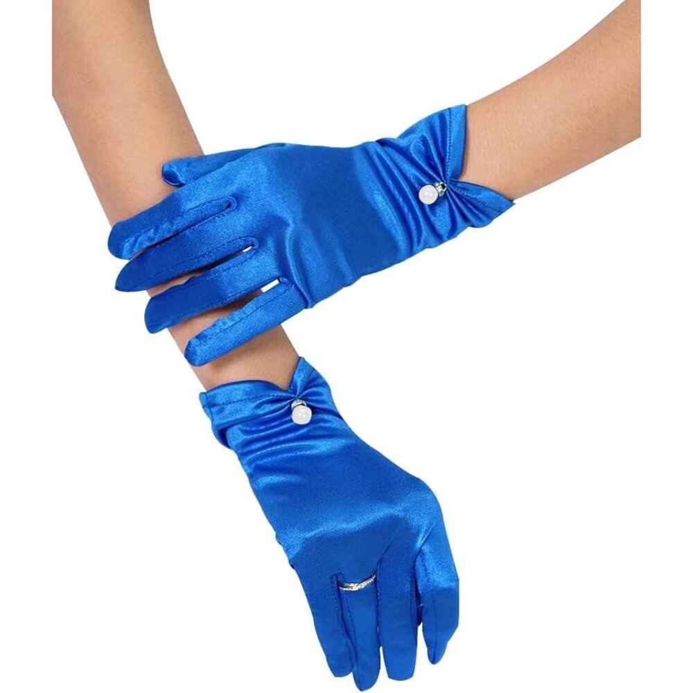 Women's Evening Blue-Satin Tulle Short Lace Gloves Wrist Wedding Bridal Party